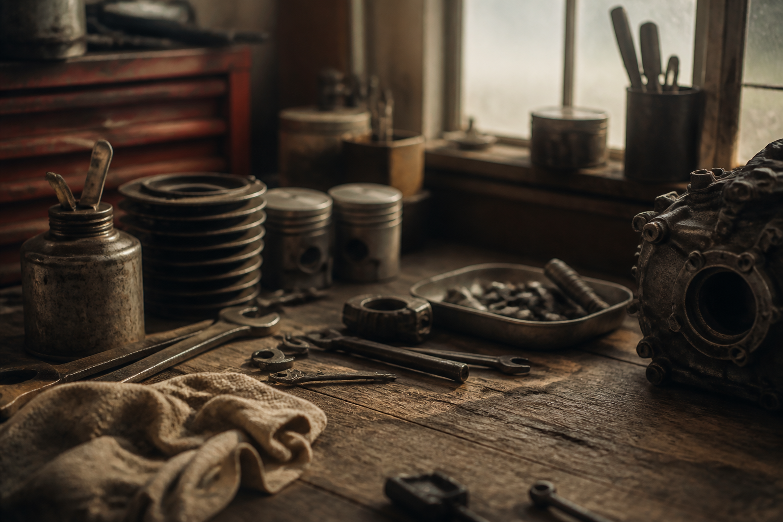 A tidy garage workshop with tools and work surfaces